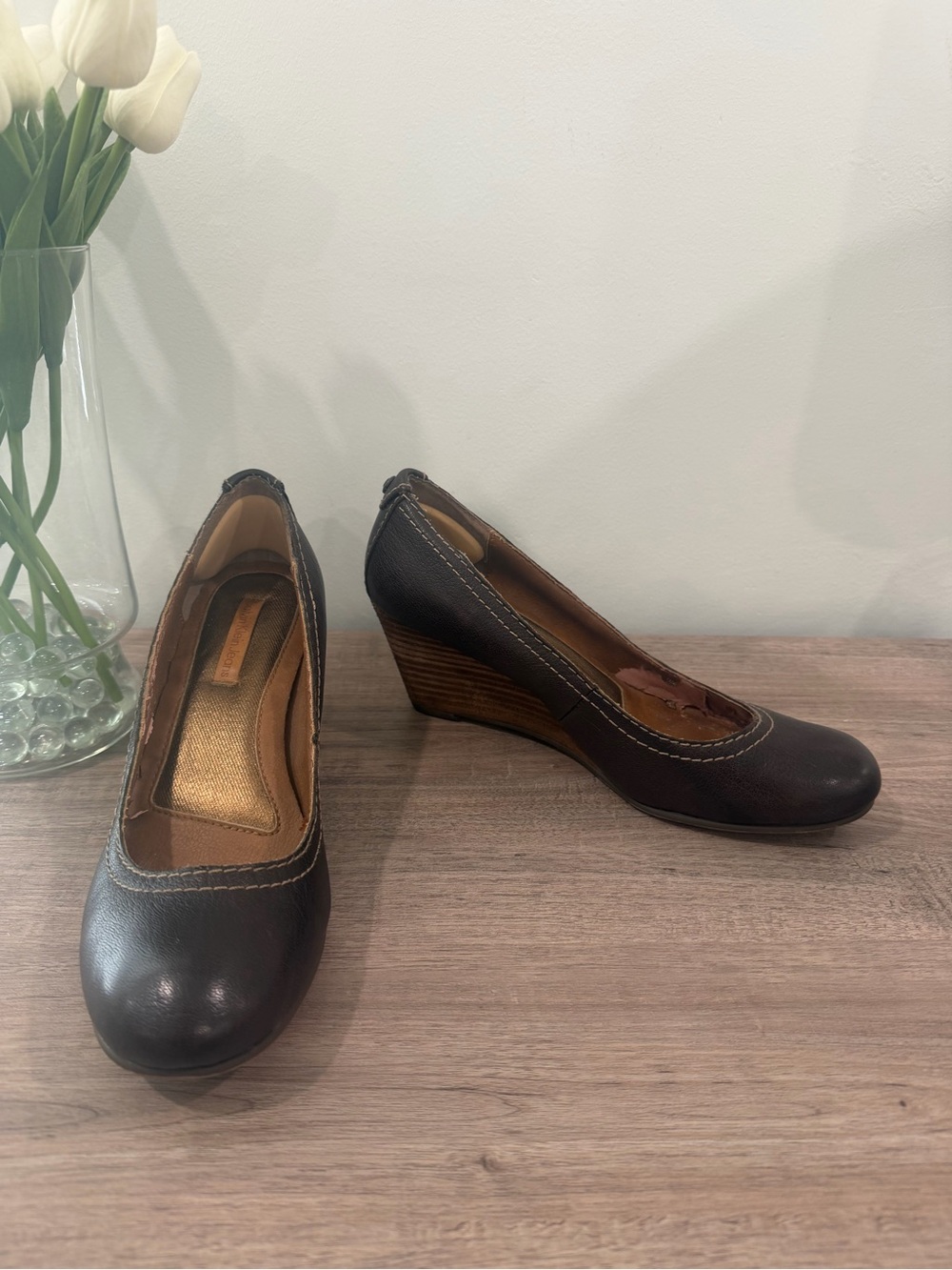 Calvin Klein Jeans Brown Leather Wedge Pumps